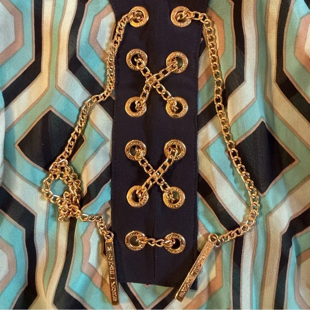 Michael Kors S/M Geometric Sheer Poncho Blouse Gold Chain Detail